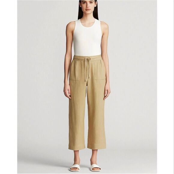 Lauren Ralph Lauren Linen Wide-Leg Pant Tan Drawcord-waist Lagenlook Women’s 12P - Picture 1 of 13